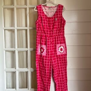 Lucy & Yak Red Checkered Jumpsuit with Floral Pockets
